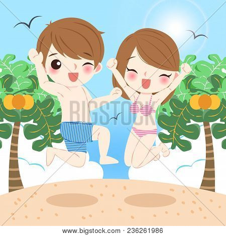 Cartoon Couple In The Summer On Beach
