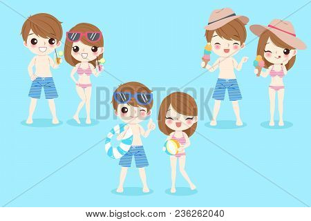 Cartoon People In The Summer On Blue Background