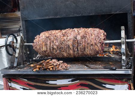 Turkish Cag Kebab On Pole In Horizontal Position