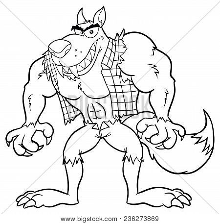 Black And White Angry Werewolf Cartoon Mascot Character. Illustration Isolated On White  Background