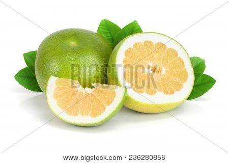 Citrus Sweetie Or Pomelit, Oroblanco With Slices And Leaf Isolated On White Background Close-up.