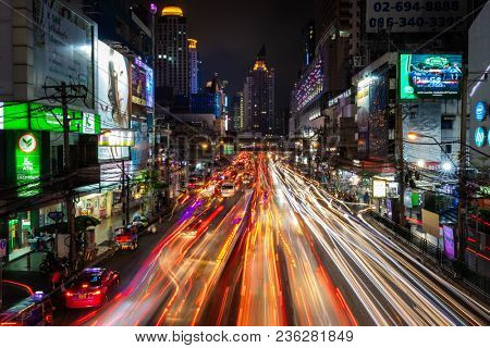 BANGKOK, THAILAND - MARCH 21, 2018 : Long time exposure on the traffic jam of the Petchaburi road, Bangkok, Thailand