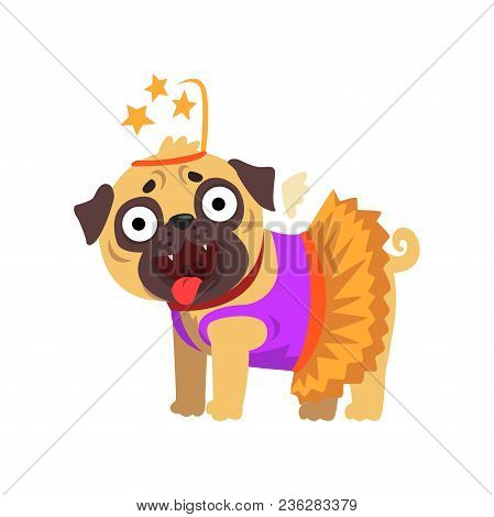 Funny Pug Dog Character Dressed As Fairy, Funny Dog In Dress With Wings And Headgear Vector Illustra