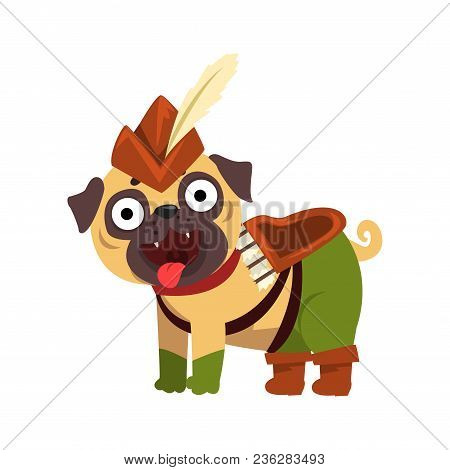 Funny Pug Dog Character Dressed As Robin Hood, Funny Dog In Green Costume Vector Illustration Isolat