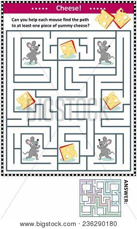 Maze Game For Children With Four Mice And Four Pieces Of Cheese: Can You Help Each Mouse Find The Pa