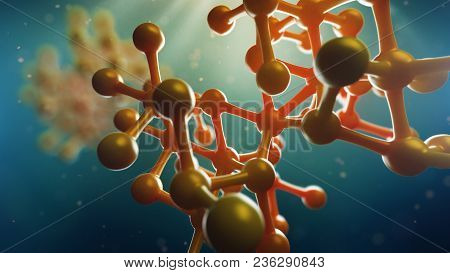 3d Illustration Of Atomic Grids Is Seen Against A Blurred Blue Background. Concept Of Medicine And S