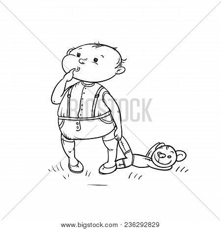 Vector Sketch Little Boy Looks With Curiosity And Stuck Finger In Mouth Holds Teddy Bear In His Hand