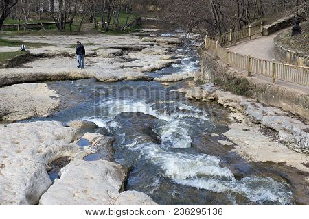 Mountain River Olkhovka In Kislovodsk Park, Spring, Stones, Rapids