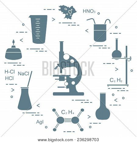 Chemistry Scientific, Education Elements: Microscope, Flasks, Tripod, Formulas, Beaker, Burner, Amoe