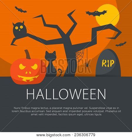 Flat Design Halloween Concept With Pumpkin. Vector Illustration.