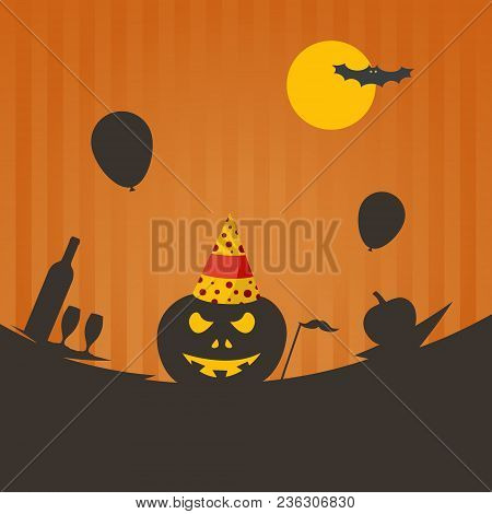 Halloween Party Background, With Pumpkin And Party Items, Vector Flat Illustration.