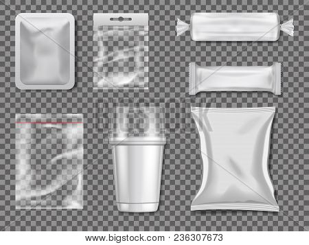 Empty Plastic And Transparency Packages. Vector Mockup Pictures. Illustration Of Package Plastic Cle