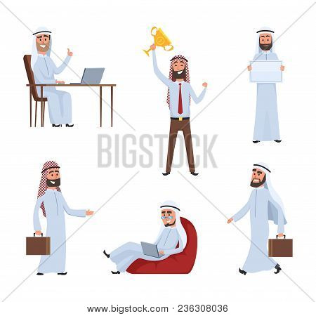 Saudi Peoples At Work. Arabic Cartoon Characters. Arabic Saudi Male People Characters Arabian Busine