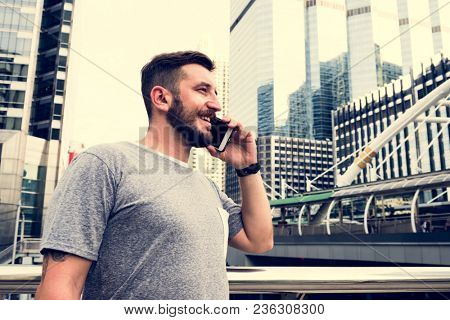 Closeup siede view of caucasian man talking on the phone
