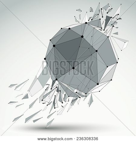 Vector Dimensional Wireframe Object, Spherical Demolished Shape With Refractions And Wreckage. 3d Me