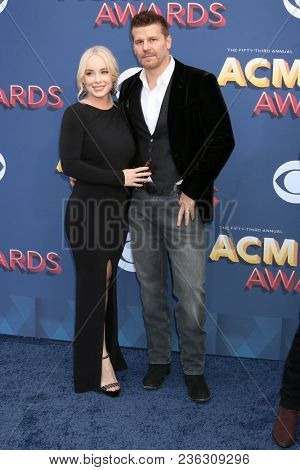 LAS VEGAS - APR 15:  Jaime Bergman, David Boreanaz at the Academy of Country Music Awards 2018 at MGM Grand Garden Arena on April 15, 2018 in Las Vegas, NV