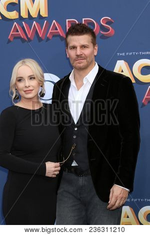 LAS VEGAS - APR 15:  Jaime Bergman, David Boreanaz at the Academy of Country Music Awards 2018 at MGM Grand Garden Arena on April 15, 2018 in Las Vegas, NV