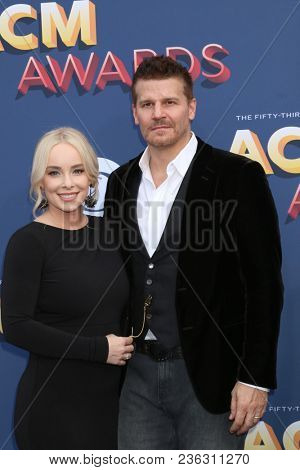 LAS VEGAS - APR 15:  Jaime Bergman, David Boreanaz at the Academy of Country Music Awards 2018 at MGM Grand Garden Arena on April 15, 2018 in Las Vegas, NV