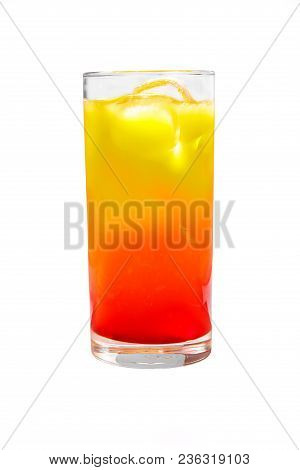 A Multicolored, Two-layered Opaque Cocktail In A Tall Glass With Ice Cubes, The Taste Of Tomato, Pin