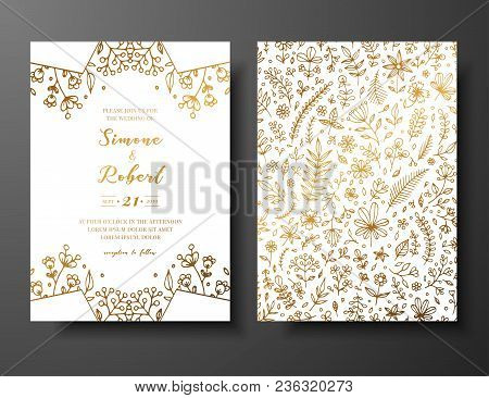 Golden Vector Wedding Invitation With Hand Drawn Twigs, Flowers And Brahches. Golden Botanical Templ
