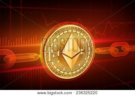 Crypto Currency. Block Chain. Ethereum. 3d Isometric Physical Golden Ethereum Coin With Wireframe Ch