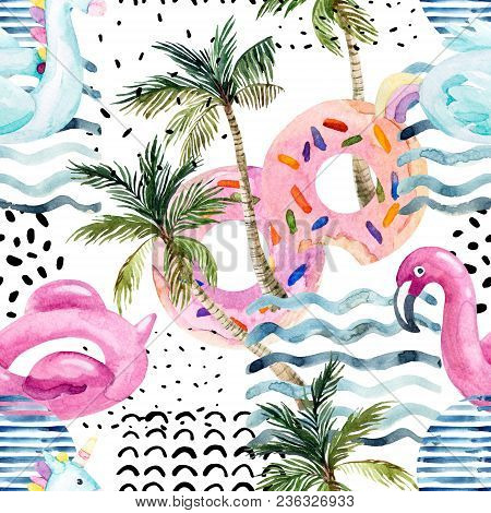 Watercolor Seamless Pattern With Cartoon Pool Floats, Palm Trees In Minimal Style. Water Color Flami
