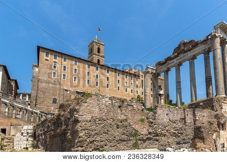 Rome, Italy - June 24, 2017: Capitoline Hill, Temple Of Saturn And Capitoline Hill In City Of Rome, 