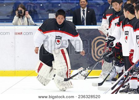 Kyiv, Ukraine - April 14, 2018: Goalkeeper Eiki Sato Of Japan, The Best Player Of The Iihf 2018 Ice 