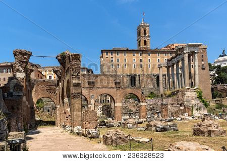 Rome, Italy - June 24, 2017: Capitoline Hill, Temple Of Saturn And Capitoline Hill In City Of Rome, 