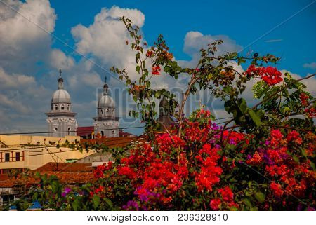 Landscape Bright Beautiful Flowers And Catholic Cathedral. Santiago De Cuba, Cuba