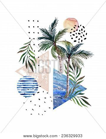 Abstract Poster: Watercolor Palm Trees, Leaves, Marbling Triangles. Hand Drawn Geometrical, Tropical