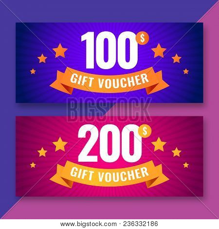 Gift Voucher Template, 100 And 200 Dollars Coupons, Vector Illustration