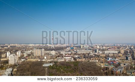 Panoramic view of the city of Kiev with Dorogozhychi distric with a TV tower, Ukraine, aerial view