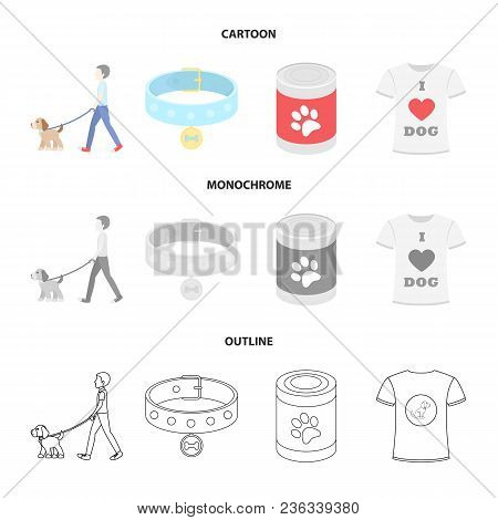A Man Walks With A Dog, A Collar With A Medal, Food, A T-shirt I Love Dog.dog Set Collection Icons I