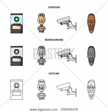 A Diamond, A Vase On A Stand, A Surveillance Camera, An African Mask. Museum Set Collection Icons In