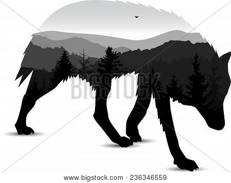 Silhouette Of Running Wolf With Mountain Landscape. Grey Tones.