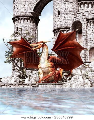 3d Fantasy Dragon In Mythical Island,fantasy Fairy Tale Of Sea Monster,3d Rendering For Book Cover O