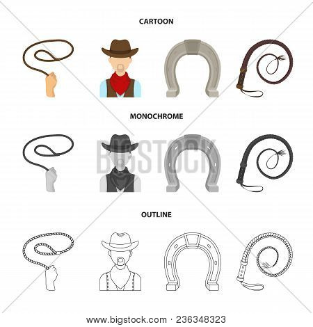 Hand Lasso, Cowboy, Horseshoe, Whip. Rodeo Set Collection Icons In Cartoon, Outline, Monochrome Styl