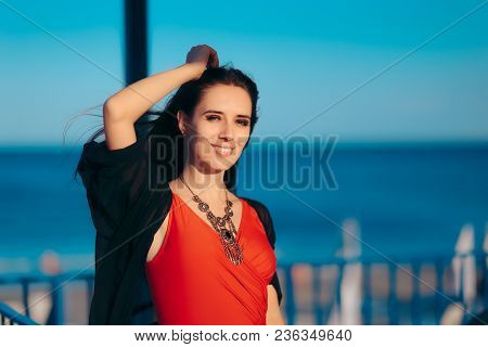 Stylish Summer Woman In One-piece Baiting Suit Wearing Kimono Cover-up