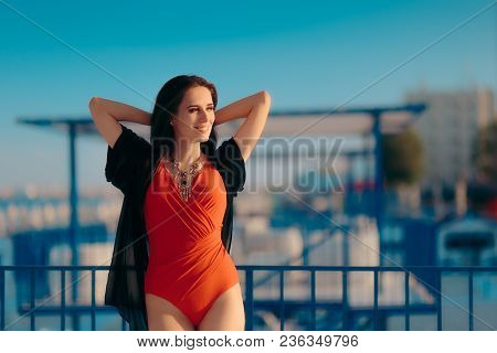 Stylish Summer Woman In One-piece Baiting Suit Wearing Kimono Cover-up