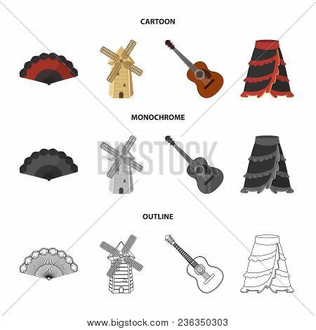 Fan Spanish, Mill, Guitar, Skirt For National Spanish Dances. Spain Country Set Collection Icons In 