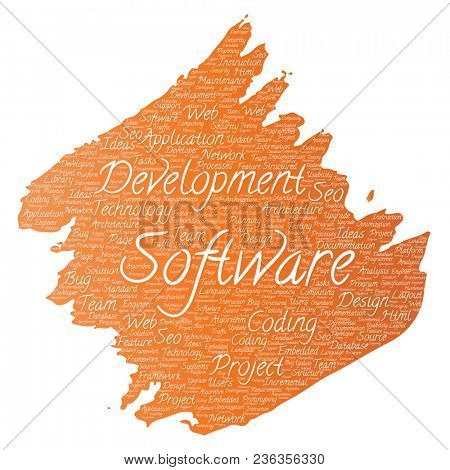 Conceptual software development project coding technology paint brush word cloud isolated background. Collage of application web design, seo ideas, implementation, testing upgrade concept