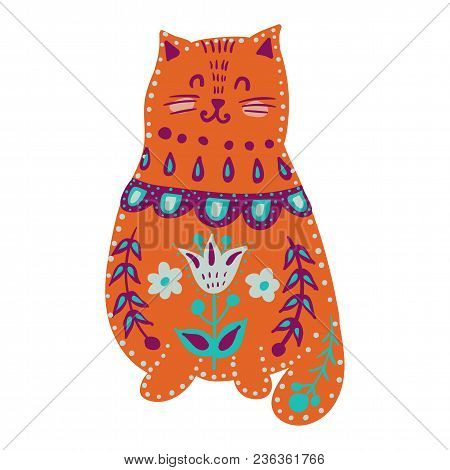 Art Watercolor Illustration With Beautiful Cat In Pattern And Flowers, Folk Stule. Poster For Decora
