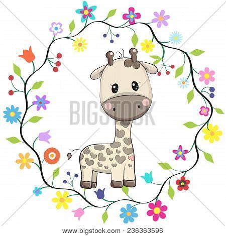 Cute Cartoon Giraffe In A Flowers Frame