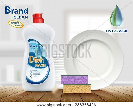 Dishwashing Liquid Product. Plastic Container With Label Design. Brand Name Advertising Poster. Stoc