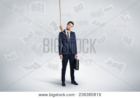 Young burnout businessman with flying documents concept