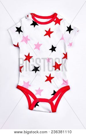 Infant Baby Stars Print Bodysuit. Baby-girl White Printed Cotton Bodysuit Isolated On White Backgrou