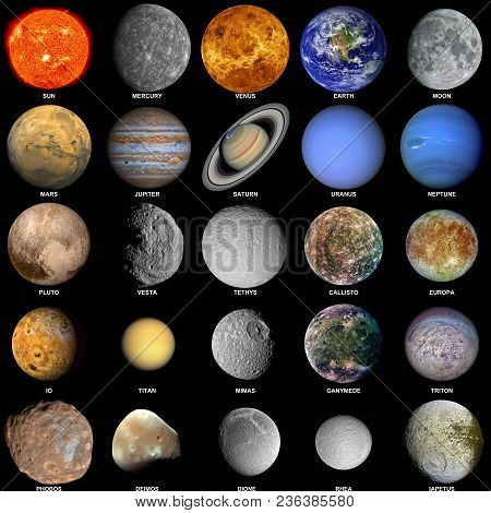 All Of The Planets That Make Up The Solar System With The Sun And Prominent Moons Included.
Elements