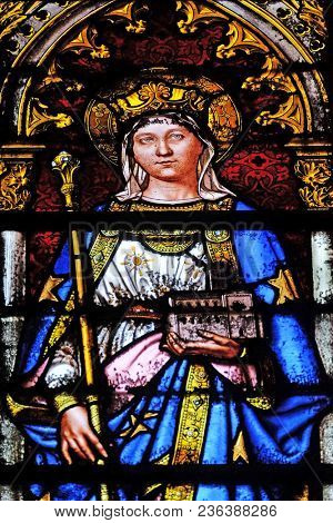 PARIS, FRANCE - JANUARY 05: Saint Matilda, stained glass window in the Basilica of Saint Clotilde in Paris, France on January 05, 2018.