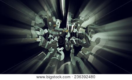 3d Rendering Illustration Of Exploding Question Mark Particles As Concept Of Perplexion And Confusio